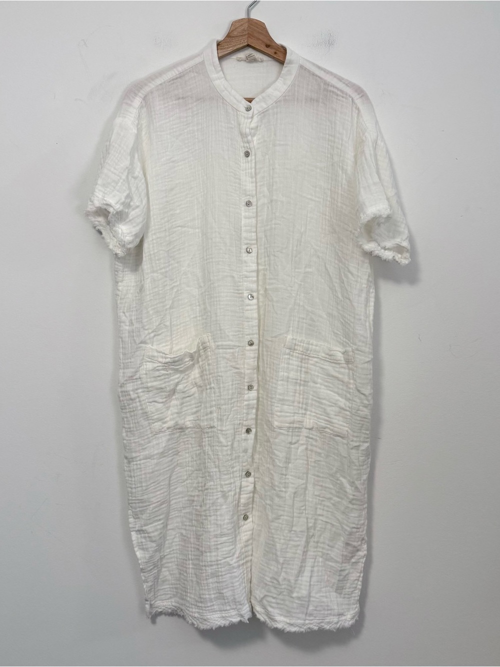 Eileen Fisher White Organic Cotton Gauze Button Front Shirt Dress PL